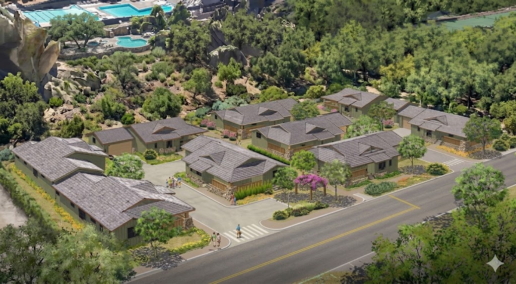 Conceptual aerial rendering of the nine California Craftsman cottages at 601 Pearl Street
